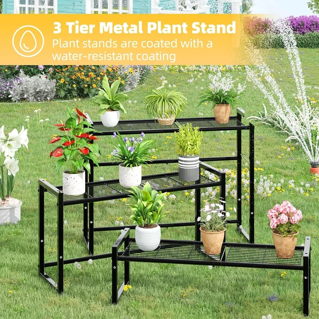 Alt view image 4 of 6 - 3 Tier Stackable Metal Plant Stand Waterproof Heavy Duty Tall Flower Pot Holder & Display Rack for Indoor & Outdoor Garden, Black