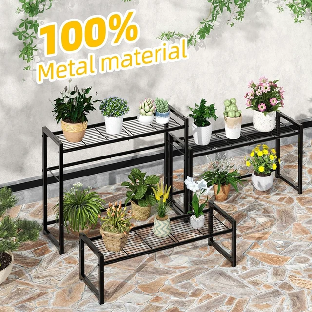 Alt view image 5 of 6 - 3 Tier Stackable Metal Plant Stand Waterproof Heavy Duty Tall Flower Pot Holder & Display Rack for Indoor & Outdoor Garden, Black