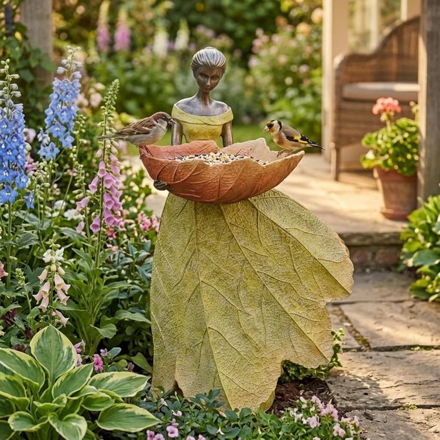 Alt view image 5 of 7 - 12 Inch Fall Fairy Garden Statue Outdoor Bird Feeder Decor