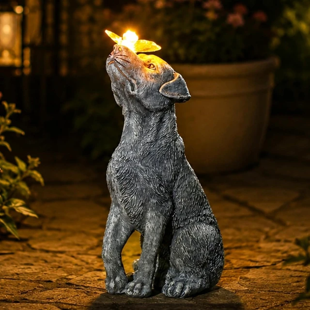 Main image of Dog Figurine Garden Statue with Solar Butterfly Outdoor Decoration