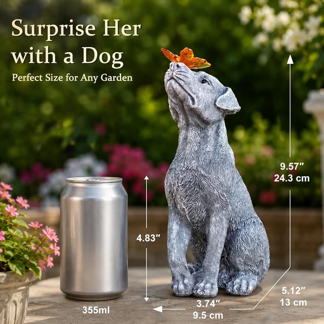 Alt view image 2 of 7 - Dog Figurine Garden Statue with Solar Butterfly Outdoor Decoration