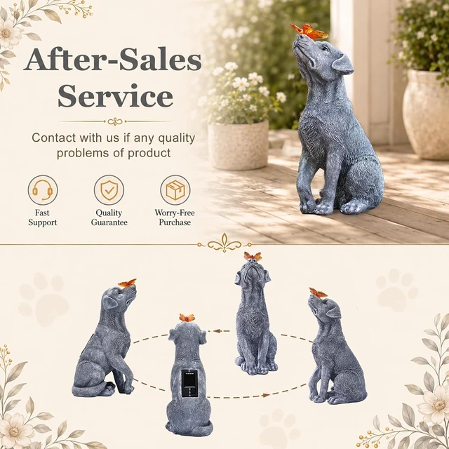 Alt view image 4 of 7 - Dog Figurine Garden Statue with Solar Butterfly Outdoor Decoration