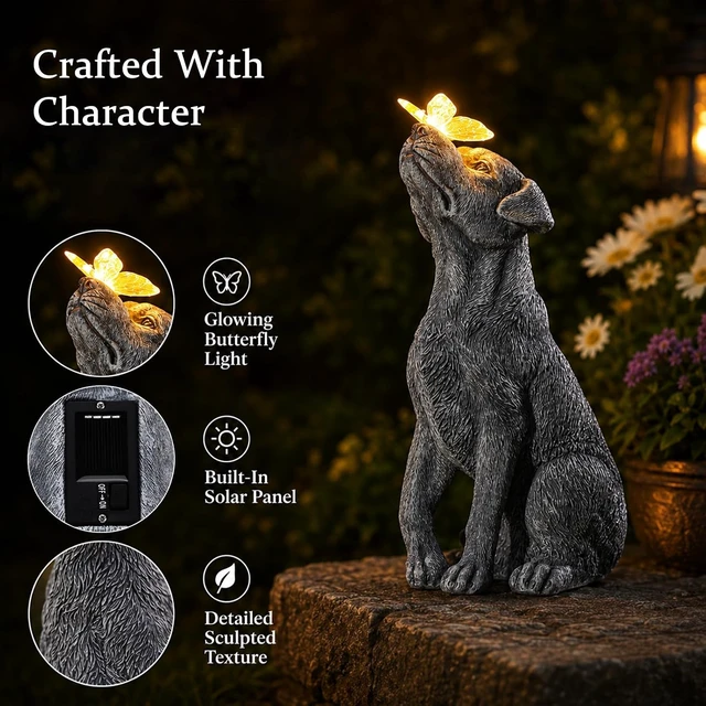 Alt view image 5 of 7 - Dog Figurine Garden Statue with Solar Butterfly Outdoor Decoration