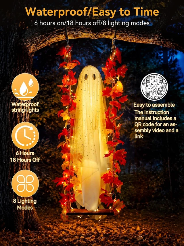 Alt view image 2 of 7 - 5.3 Ft Hanging Ghost Halloween Decoration with Maple Leaf Swing & Light Indoor/Outdoor Decor for Tree, Yard, Porch & Garden