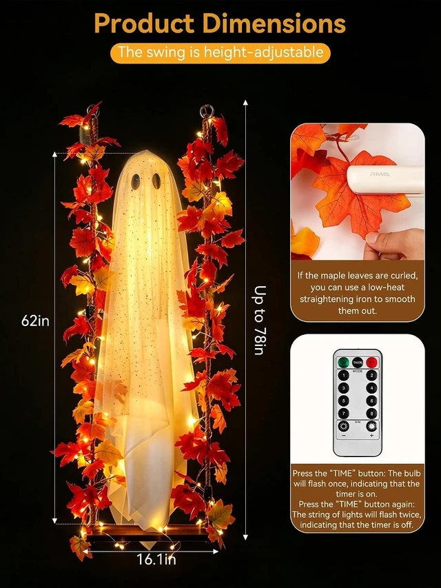 Alt view image 3 of 7 - 5.3 Ft Hanging Ghost Halloween Decoration with Maple Leaf Swing & Light Indoor/Outdoor Decor for Tree, Yard, Porch & Garden