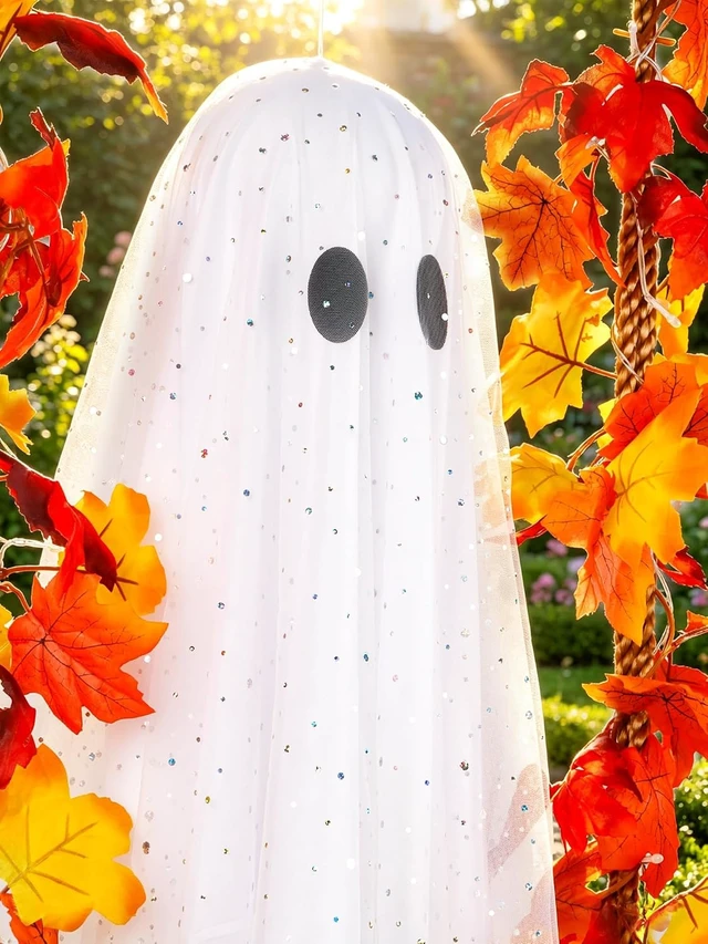 Alt view image 4 of 7 - 5.3 Ft Hanging Ghost Halloween Decoration with Maple Leaf Swing & Light Indoor/Outdoor Decor for Tree, Yard, Porch & Garden