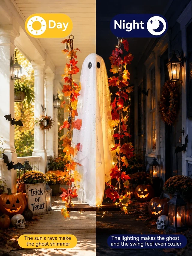 Alt view image 5 of 7 - 5.3 Ft Hanging Ghost Halloween Decoration with Maple Leaf Swing & Light Indoor/Outdoor Decor for Tree, Yard, Porch & Garden