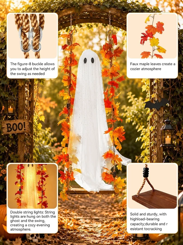 Alt view image 6 of 7 - 5.3 Ft Hanging Ghost Halloween Decoration with Maple Leaf Swing & Light Indoor/Outdoor Decor for Tree, Yard, Porch & Garden