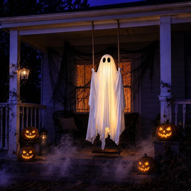 Alt view image 2 of 7 - 5 Ft Pre-Assembled Hanging Swing Ghost Large Outdoor Halloween Decoration