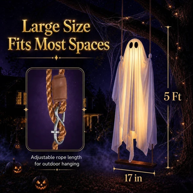 Alt view image 3 of 7 - 5 Ft Pre-Assembled Hanging Swing Ghost Large Outdoor Halloween Decoration