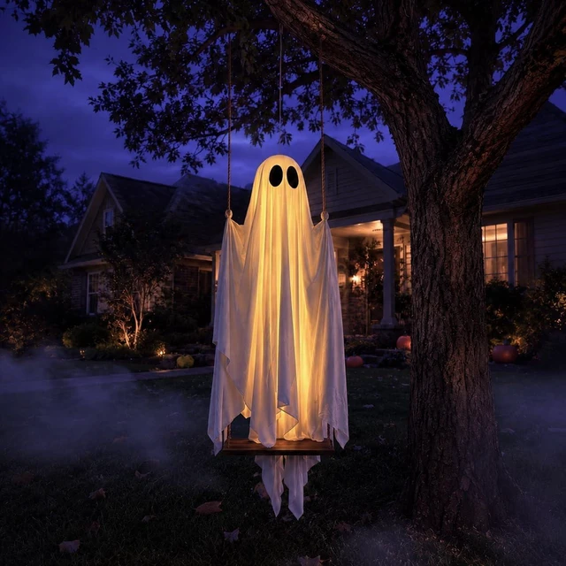Alt view image 4 of 7 - 5 Ft Pre-Assembled Hanging Swing Ghost Large Outdoor Halloween Decoration