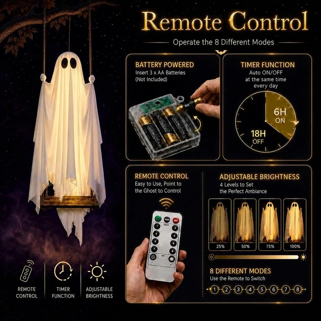Alt view image 6 of 7 - 5 Ft Pre-Assembled Hanging Swing Ghost Large Outdoor Halloween Decoration