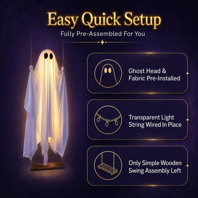 Alt view image 5 of 7 - 5 Ft Pre-Assembled Hanging Swing Ghost Large Outdoor Halloween Decoration