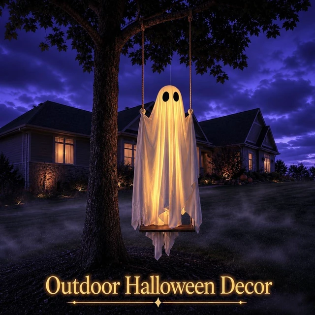 Alt view image 7 of 7 - 5 Ft Pre-Assembled Hanging Swing Ghost Large Outdoor Halloween Decoration