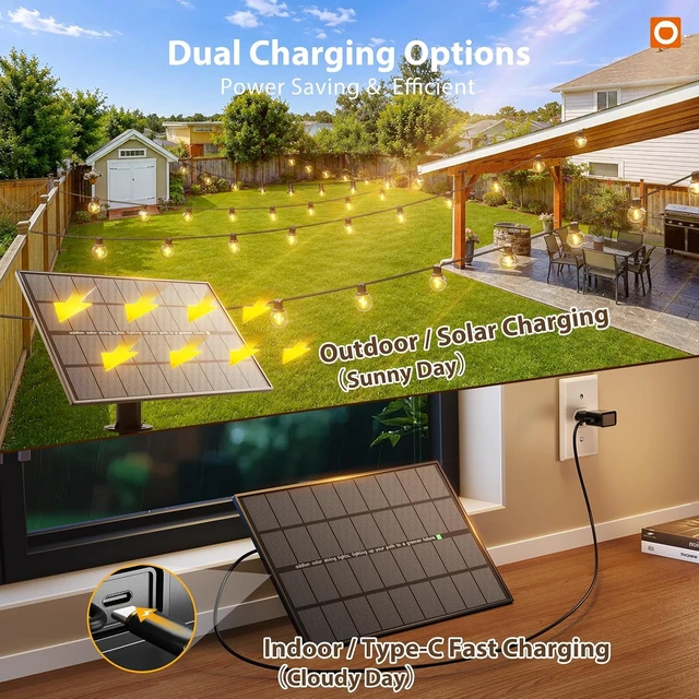 Alt view image 5 of 7 - 102 Ft Waterproof Solar String Lights Outdoor with USB Charging