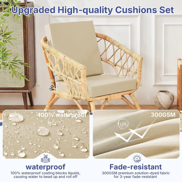 Alt view image 3 of 7 - Set of 4, 19" x 19" x 3" Waterproof Outdoor Chair Cushions with Handle & Ties 3 Year Color Fastness Patio Seat Pads for Sofa & Couch, Beige