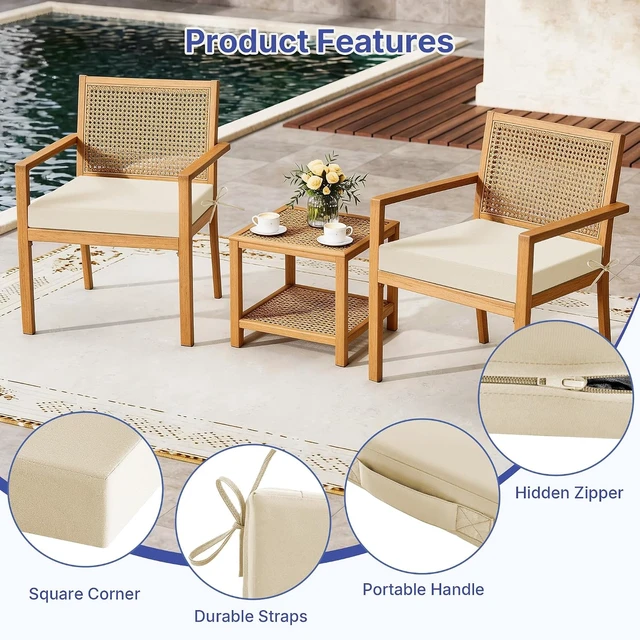 Alt view image 5 of 7 - Set of 4, 19" x 19" x 3" Waterproof Outdoor Chair Cushions with Handle & Ties 3 Year Color Fastness Patio Seat Pads for Sofa & Couch, Beige