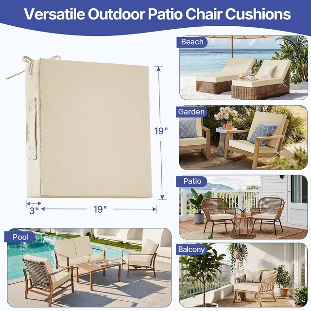 Alt view image 7 of 7 - Set of 4, 19" x 19" x 3" Waterproof Outdoor Chair Cushions with Handle & Ties 3 Year Color Fastness Patio Seat Pads for Sofa & Couch, Beige