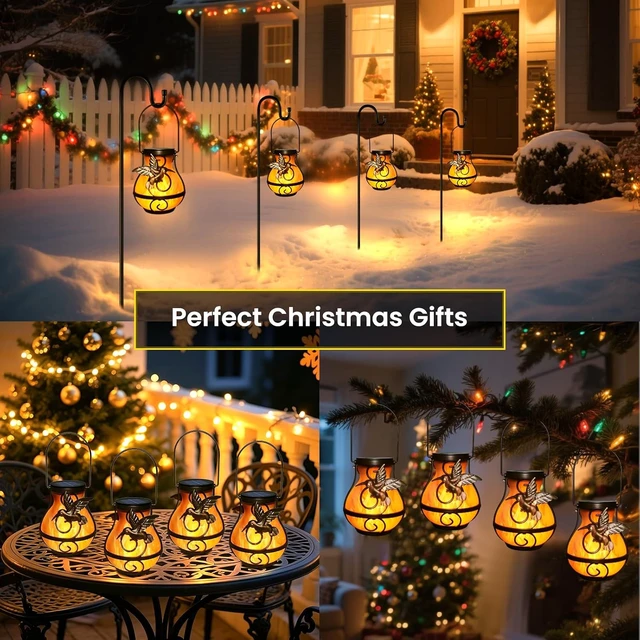 Alt view image 3 of 7 - 4 Pack Waterproof Solar Lanterns Hanging Hummingbird Flickering Flame Lights for Outdoor Garden Decor