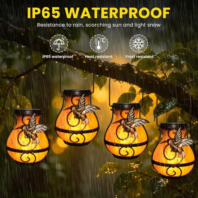 Alt view image 2 of 7 - 4 Pack Waterproof Solar Lanterns Hanging Hummingbird Flickering Flame Lights for Outdoor Garden Decor