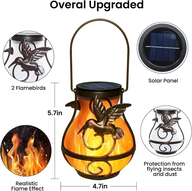 Alt view image 5 of 7 - 4 Pack Waterproof Solar Lanterns Hanging Hummingbird Flickering Flame Lights for Outdoor Garden Decor