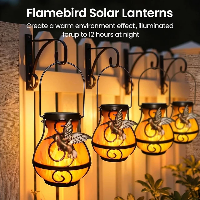 Alt view image 4 of 7 - 4 Pack Waterproof Solar Lanterns Hanging Hummingbird Flickering Flame Lights for Outdoor Garden Decor