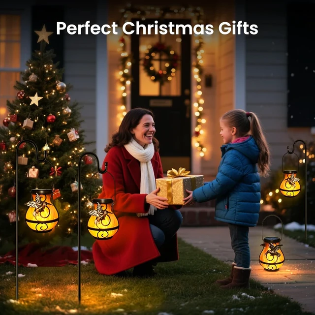 Alt view image 7 of 7 - 4 Pack Waterproof Solar Lanterns Hanging Hummingbird Flickering Flame Lights for Outdoor Garden Decor