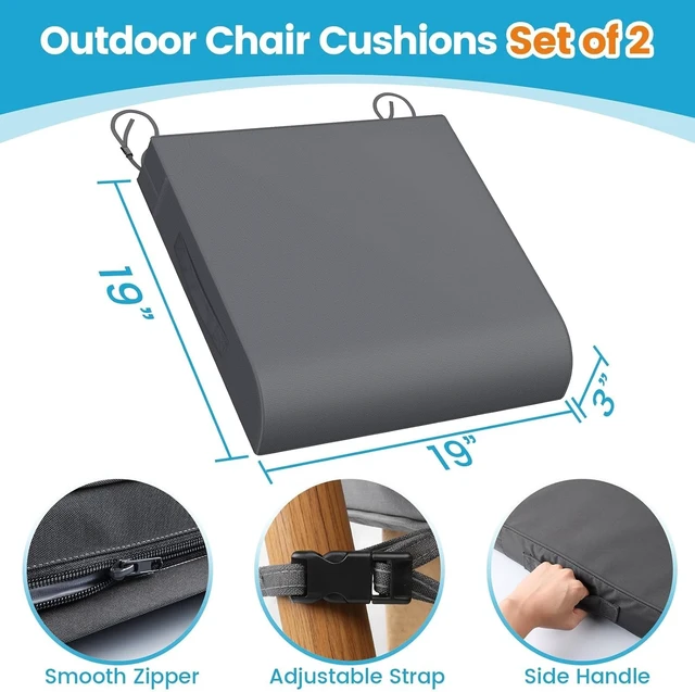 Alt view image 2 of 7 - Set of 2, 19 x 19 x 3 Inch Outdoor Patio Chair Cushions, Grey