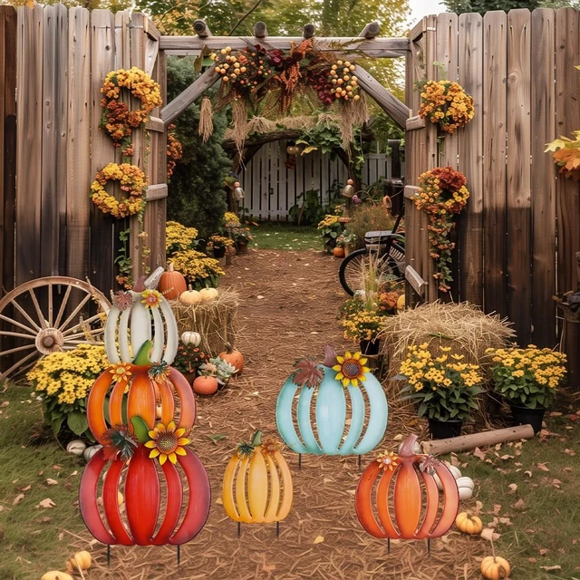 Alt view image 6 of 7 - 2 Pcs 34" Metal Garden Stakes with 6 Stacked Pumpkins Fall Outdoor Yard Signs for Home, Lawn, Patio & Thanksgiving Decor