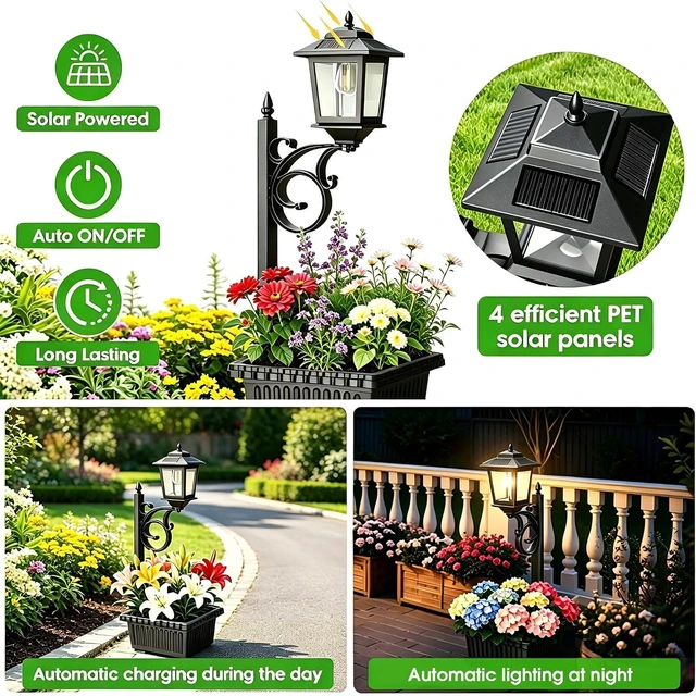 Alt view image 4 of 7 - 2 Pack 2-in-1 Solar Lamp Post with Planter Waterproof Wall Mount or Freestanding Outdoor Light for Garden, Patio, Front Porch & Back Door, Warm White