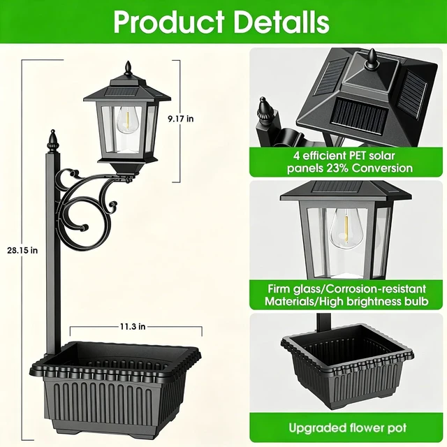 Alt view image 7 of 7 - 2 Pack 2-in-1 Solar Lamp Post with Planter Waterproof Wall Mount or Freestanding Outdoor Light for Garden, Patio, Front Porch & Back Door, Warm White