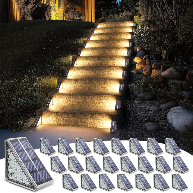 Main image of 24 Pack IP67 Waterproof Solar Step Lights Auto On/Off Warm White Stair Lights for Patio, Yard, Porch, Front Door, Sidewalk & Deck Decor