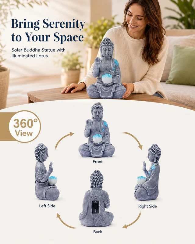 Alt view image 3 of 7 - Sitting Solar Buddha Garden Statue with Lotus Light Decor
