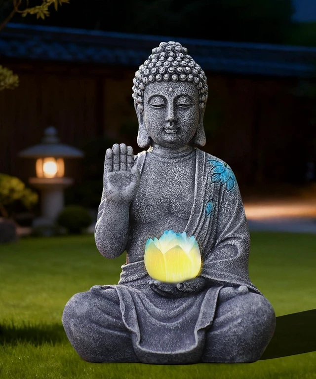 Main image of Sitting Solar Buddha Garden Statue with Lotus Light Decor