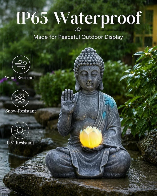 Alt view image 6 of 7 - Sitting Solar Buddha Garden Statue with Lotus Light Decor