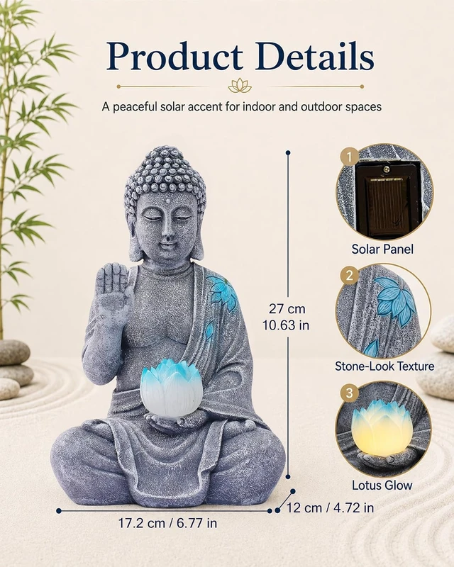 Alt view image 4 of 7 - Sitting Solar Buddha Garden Statue with Lotus Light Decor
