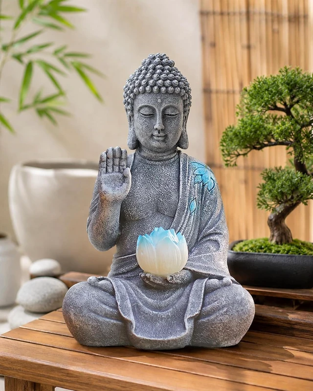 Alt view image 7 of 7 - Sitting Solar Buddha Garden Statue with Lotus Light Decor