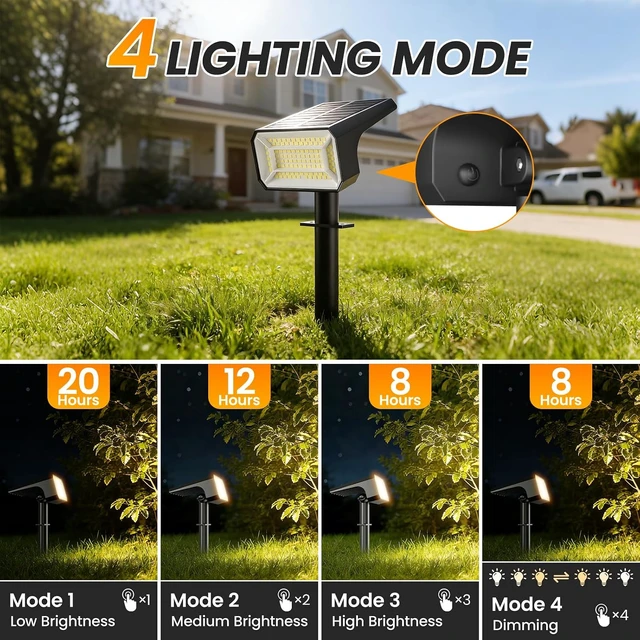 Alt view image 3 of 7 - 8 Pack Upgraded IP67 Waterproof Solar Spot Lights 108 LEDs, 4 Modes, 800LM, Dusk to Dawn for Garden, Yard & Tree, Warm White