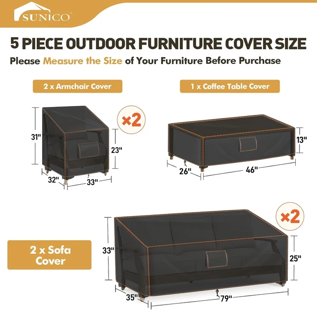 Alt view image 2 of 6 - 5 Piece XXX-Large Waterproof Patio Furniture Set Cover, Black