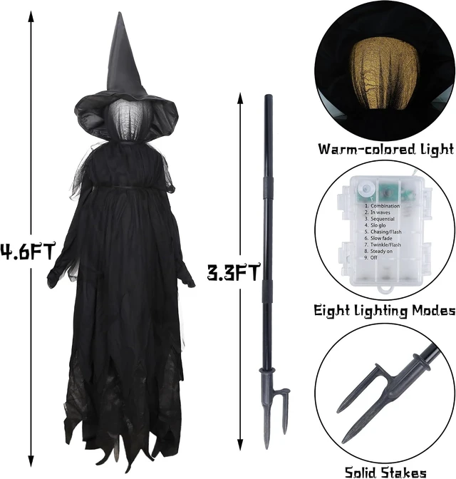 Alt view image 3 of 7 - Set of 3, 4.6 Ft Light Up Witch Stakes Halloween Outdoor Decorations