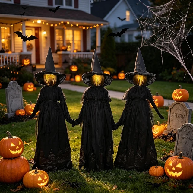 Alt view image 2 of 7 - Set of 3, 4.6 Ft Light Up Witch Stakes Halloween Outdoor Decorations