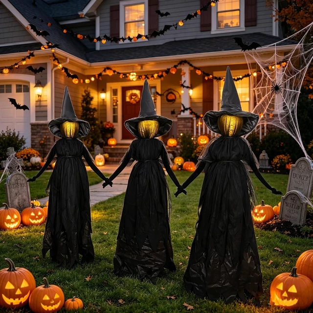 Alt view image 4 of 7 - Set of 3, 4.6 Ft Light Up Witch Stakes Halloween Outdoor Decorations