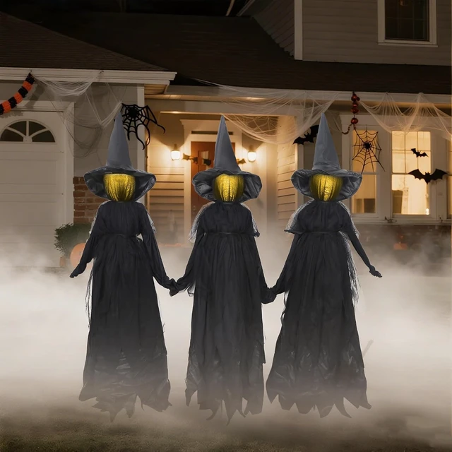 Alt view image 7 of 7 - Set of 3, 4.6 Ft Light Up Witch Stakes Halloween Outdoor Decorations