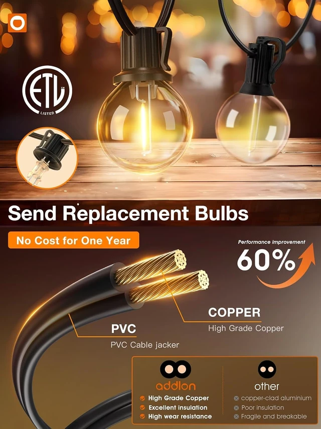 Alt view image 2 of 7 - 100 Ft Waterproof Outdoor String Lights 54 Dimmable G40 LED Bulbs