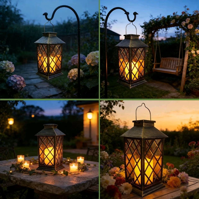 Alt view image 6 of 7 - 2 Pack Waterproof Solar Hanging Lanterns LED Flickering Flameless Candle Mission Lights for Table & Outdoor, Mother's Day Gift for Mom & Wife (2pack)