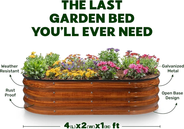 Alt view image 4 of 6 - 4×2×1 Ft Galvanized Raised Garden Bed Large Outdoor Metal Planter Box for Vegetables, Flowers & Gardening (Dark Wood Grain)