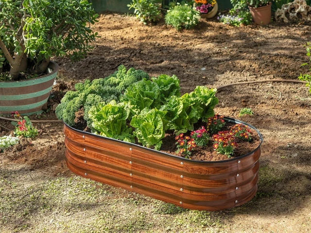 Alt view image 3 of 6 - 4×2×1 Ft Galvanized Raised Garden Bed Large Outdoor Metal Planter Box for Vegetables, Flowers & Gardening (Dark Wood Grain)
