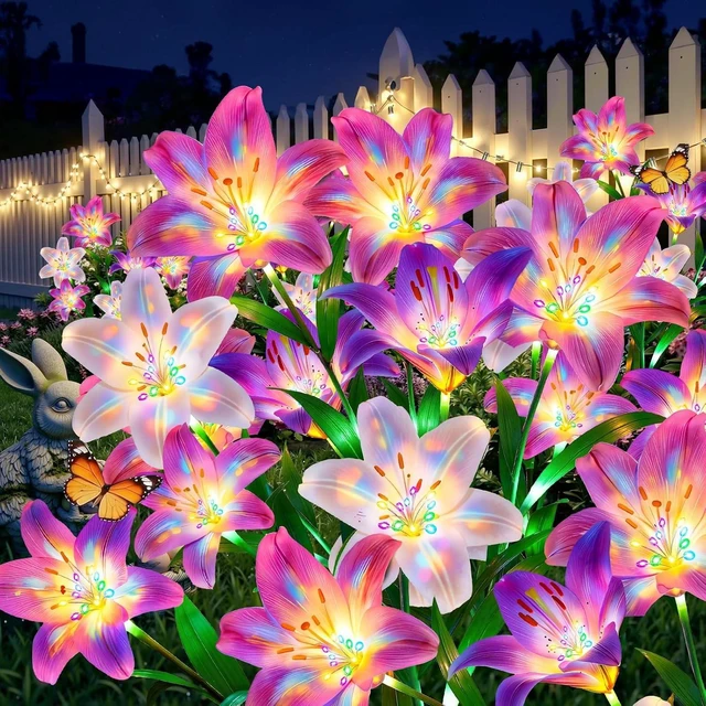 Main image of 10 Pack Solar Flower Lights 50 Colorful Lily Heads & Glowing Stems, Waterproof Decorative Outdoor Lights for Yard, Patio & Flower Bed