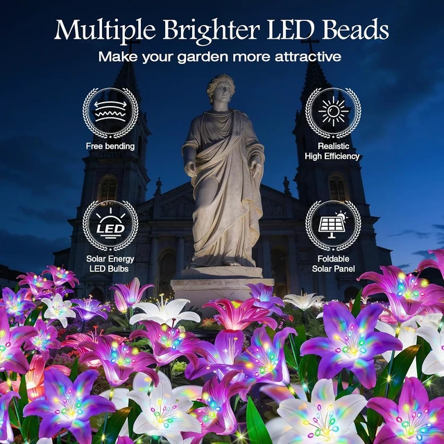 Alt view image 2 of 7 - 10 Pack Solar Flower Lights 50 Colorful Lily Heads & Glowing Stems, Waterproof Decorative Outdoor Lights for Yard, Patio & Flower Bed