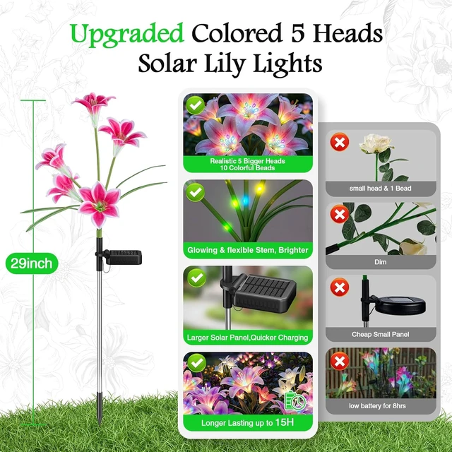 Alt view image 3 of 7 - 10 Pack Solar Flower Lights 50 Colorful Lily Heads & Glowing Stems, Waterproof Decorative Outdoor Lights for Yard, Patio & Flower Bed